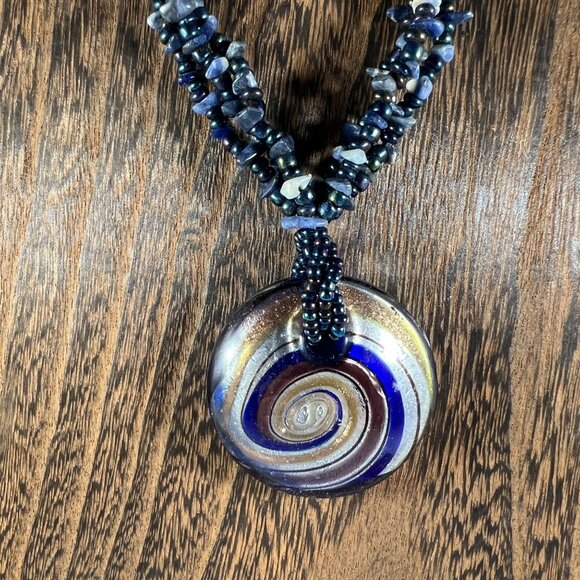 Handcrafted Blue & Silver Swirl Pendant Necklace With Beaded Chain & Adjustable - Picture 2 of 3